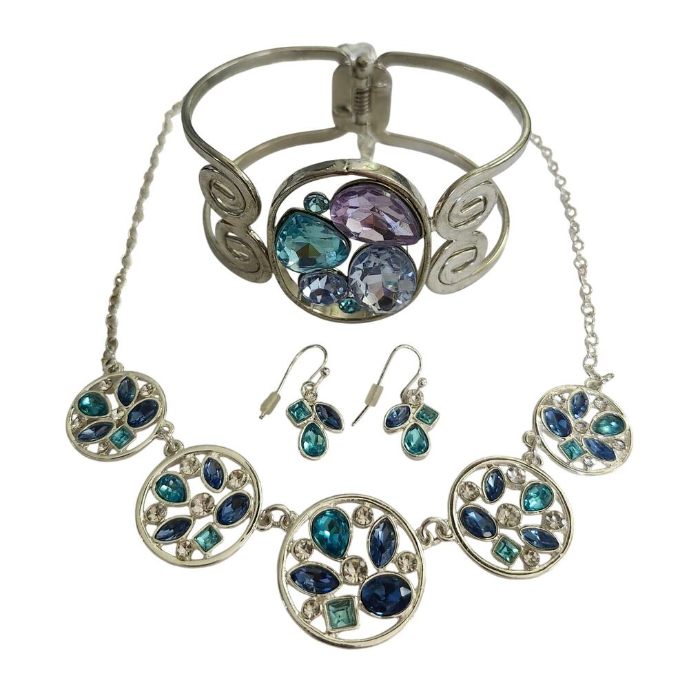Vintage 2014 Avon Midnight Tide Blue Purple Rhinestone Necklace Cuff Earring Set